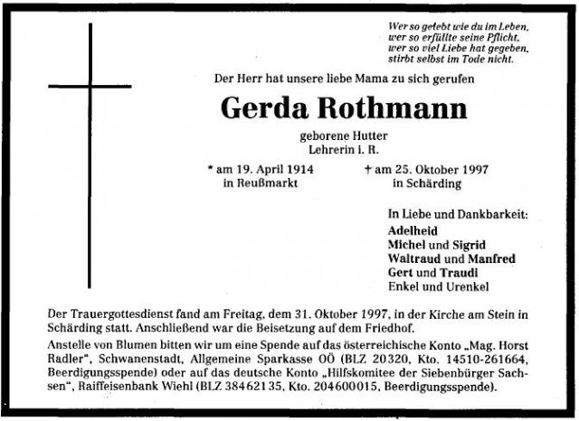 Hutter Gerda 1914-1997 Todesanzeige